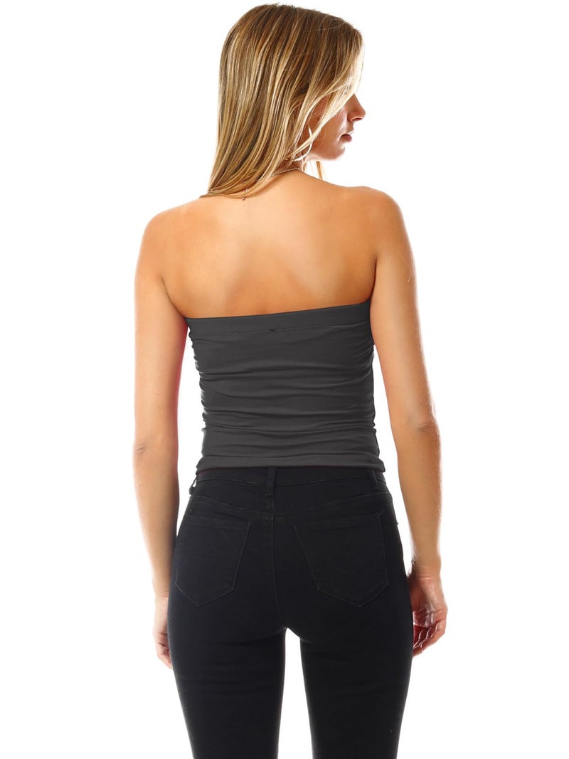 MixMatchy Women's Solid Casual Summer Side Shirring Scrunched Double Layered Tube Top 3PACK - Black/Charcoal/White L - Image 4